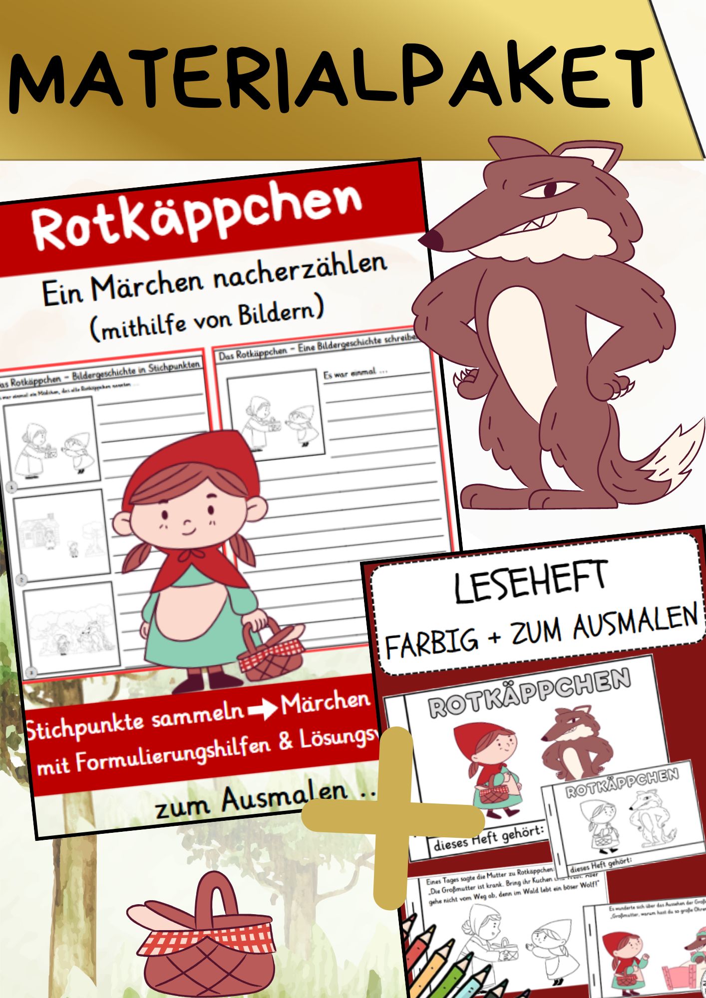 Rotkäppchen Materialpaket Bildergeschichte, Schreibanlass, Leseheft in Farbe & Schwarz-Weiß