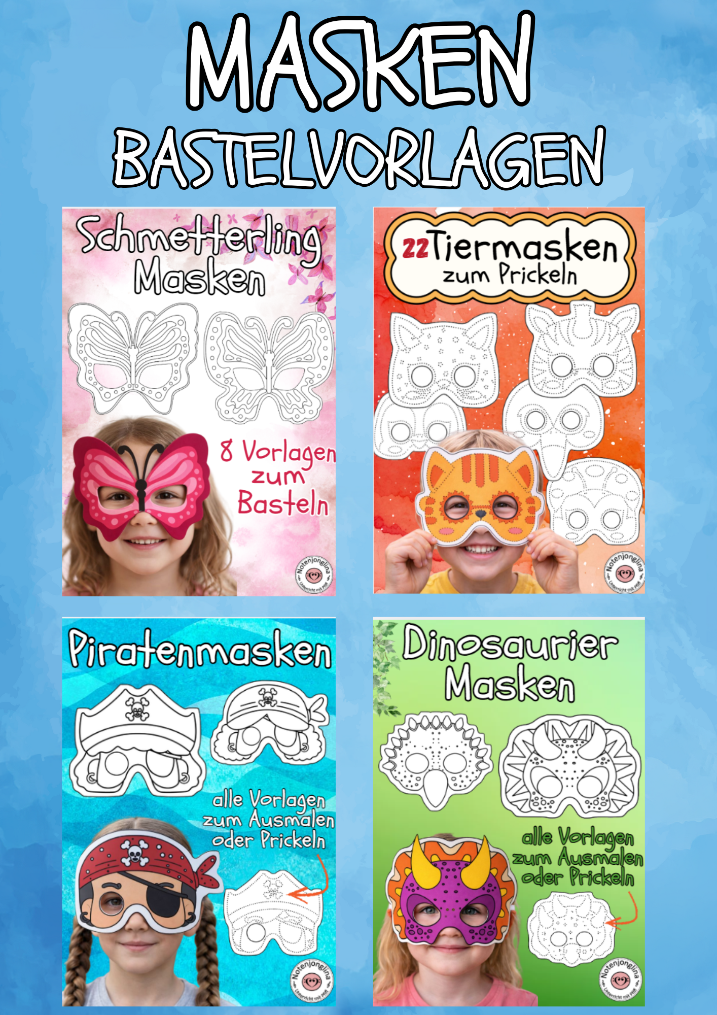 Masken Karneval Basteln Dino, Pirat, Schmetterling, Tiere