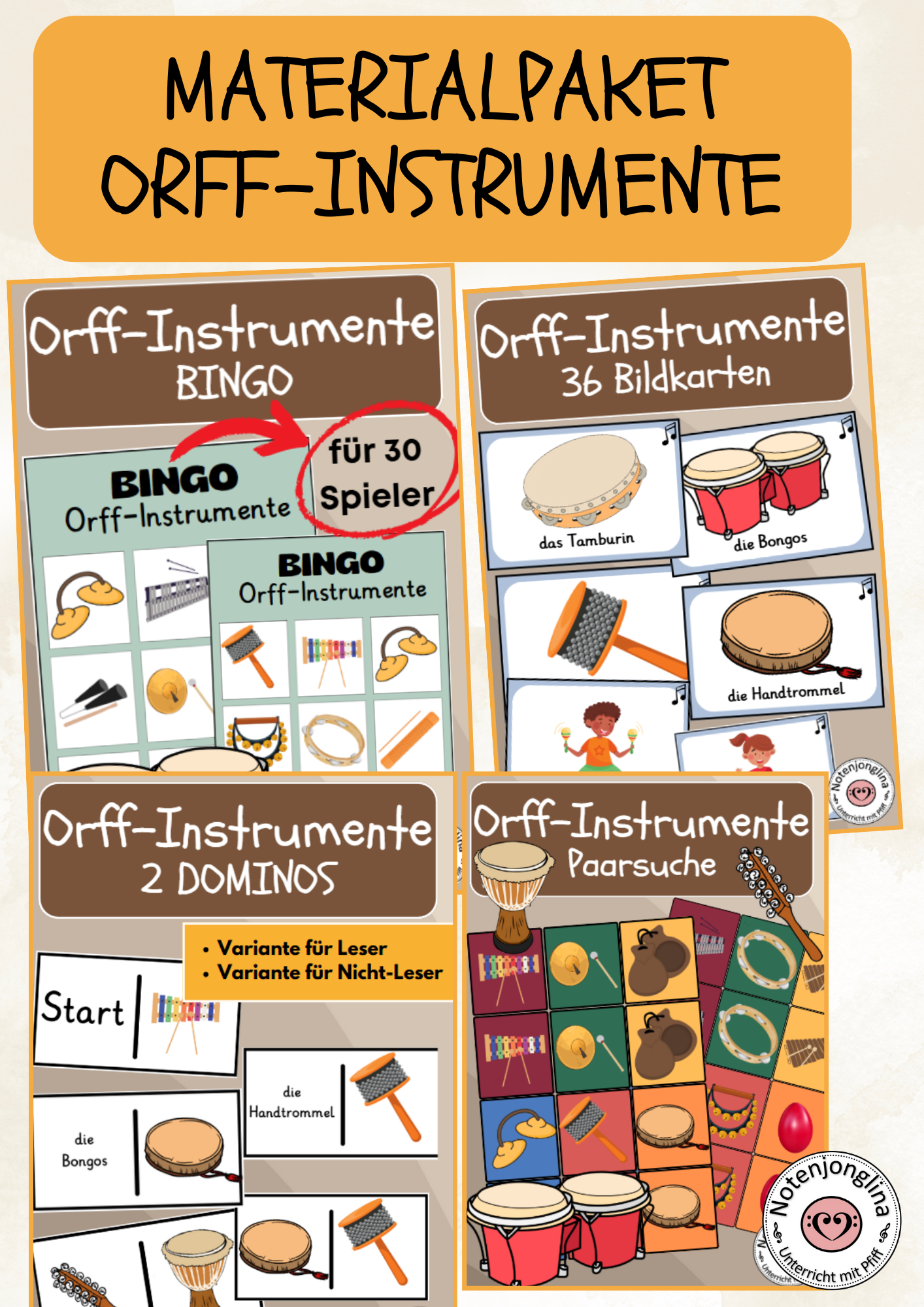 Materialpaket Orff-Instrumente Bildkarten, Bingo, Paarsuche, Domino
