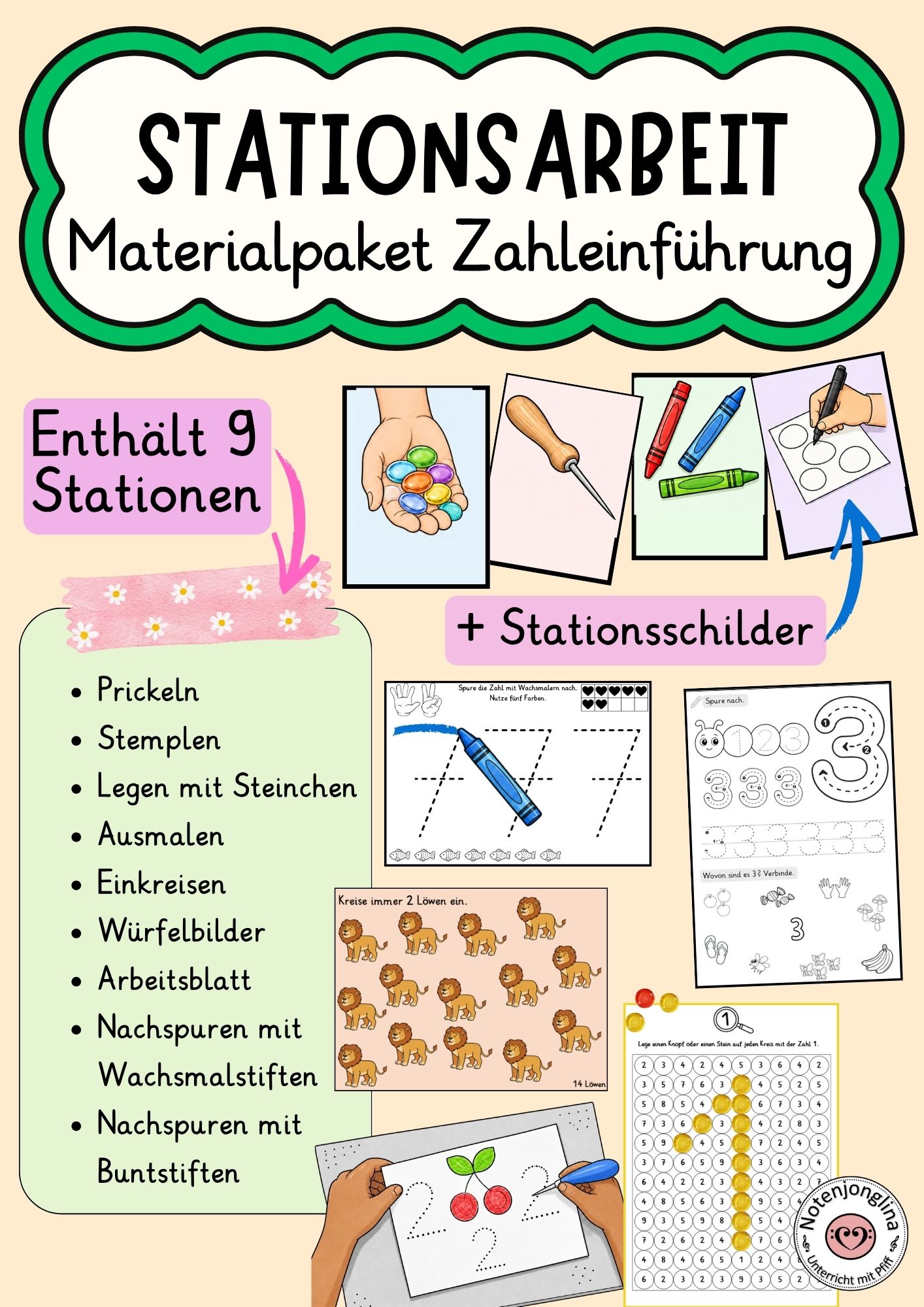 Zahleneinführung Stationsarbeit Förderschule – 9 Stationen / Stationsschilder / Laufzettel