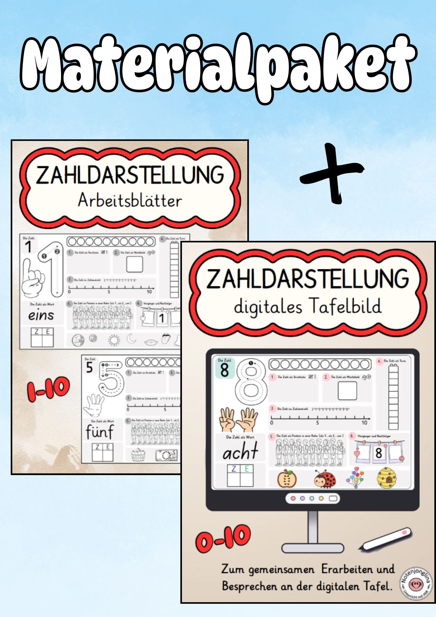 Zahldarstellung Zahlenraum 10 digitales Tafelbild mit Arbeitsblättern Materialpaket