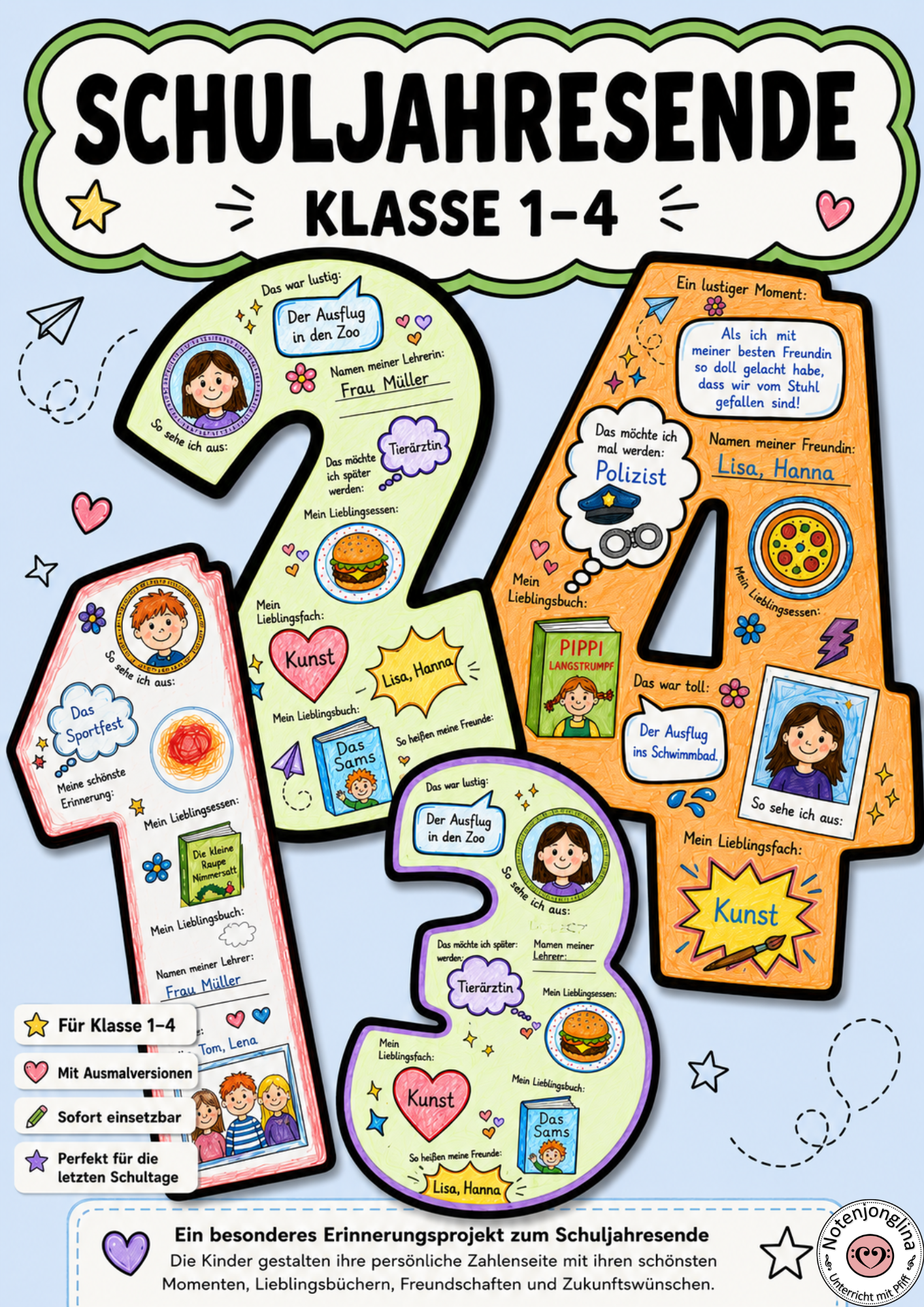 Schuljahresende Abschluss Schuljahr Klasse 1-4 Bastelprojekt Zahlen