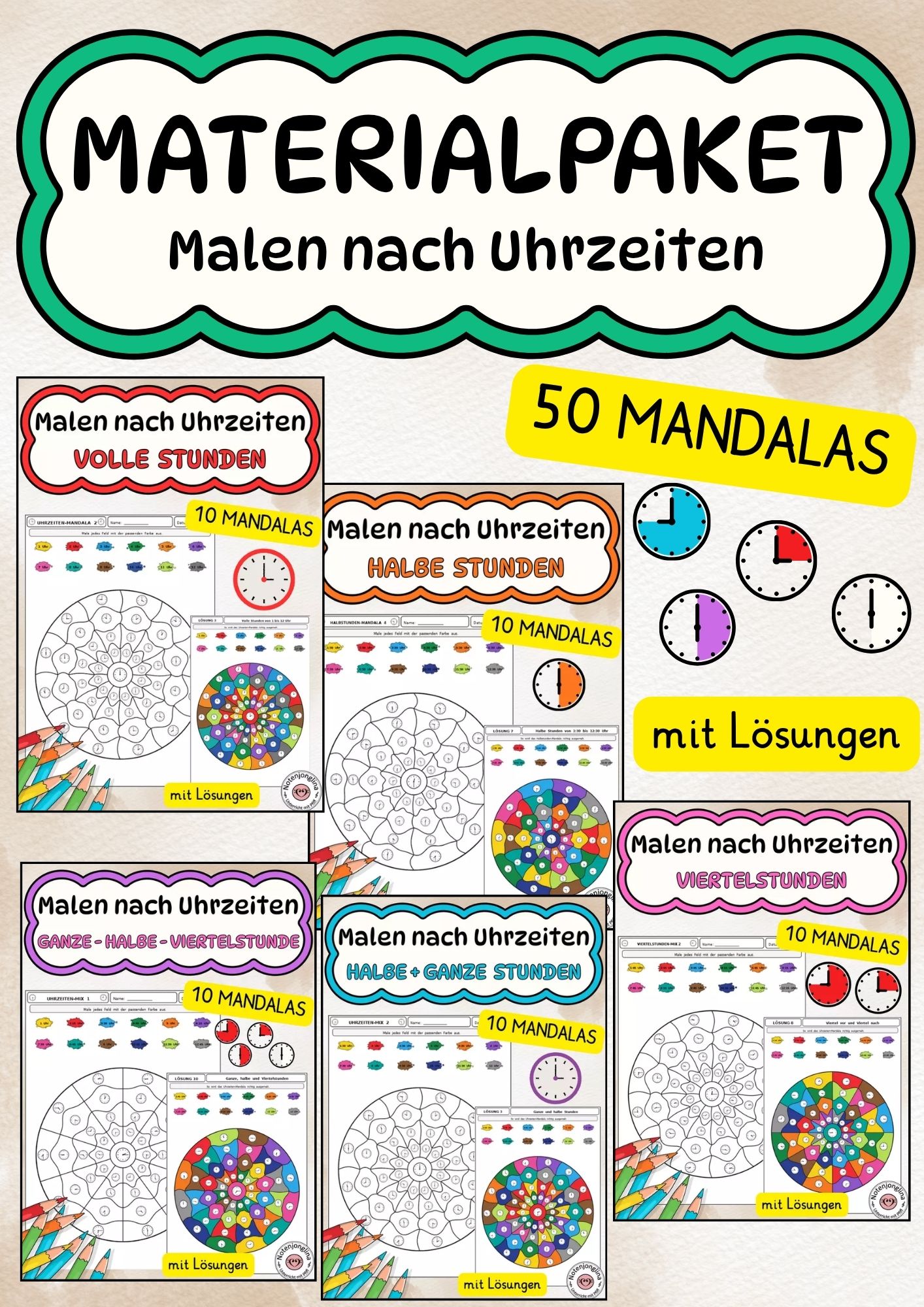 Malen nach Uhrzeiten Materialpaket mit 50 Mandalas