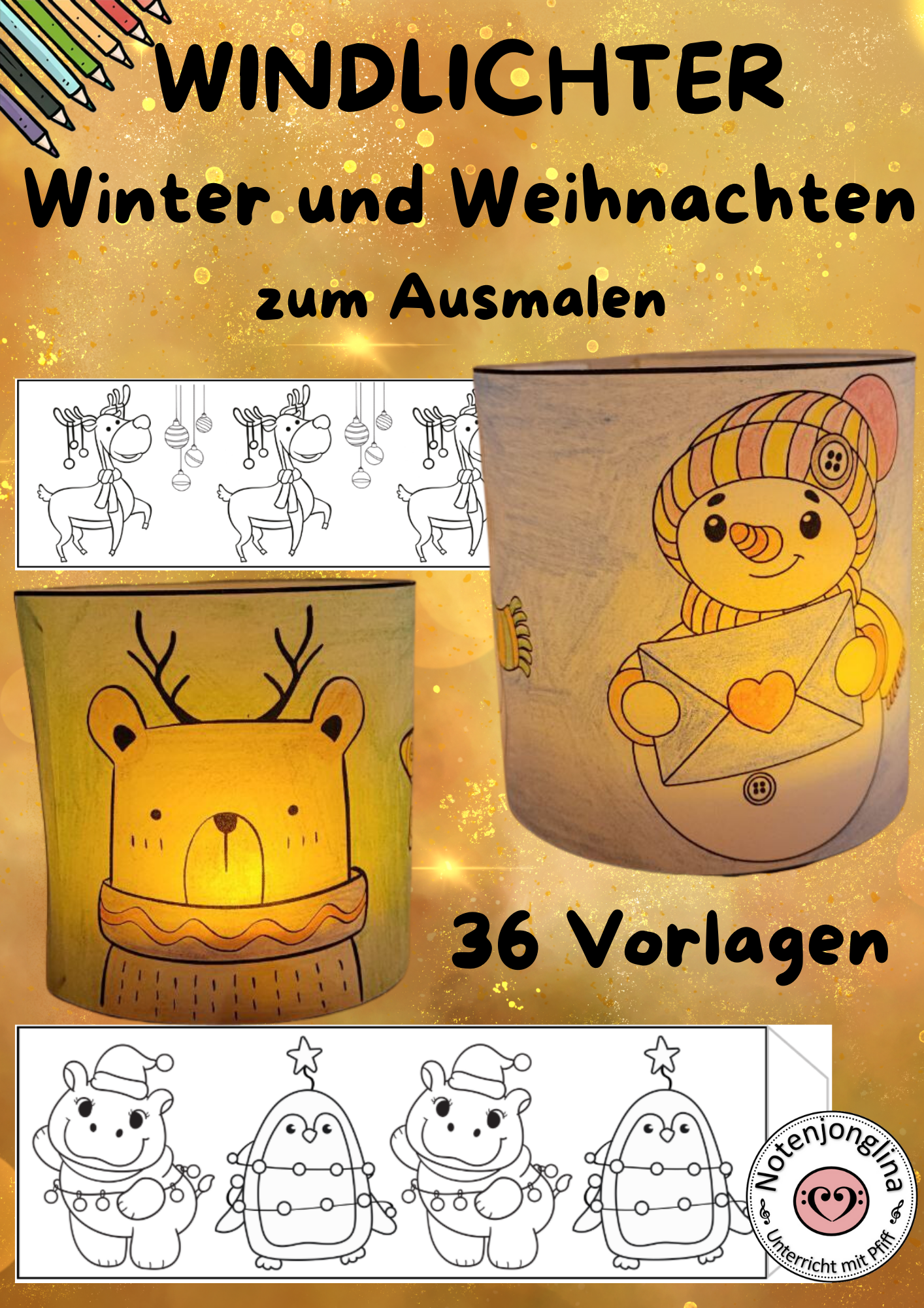 Windlichter Vorlage Winter und Weihnachten zum Ausmalen