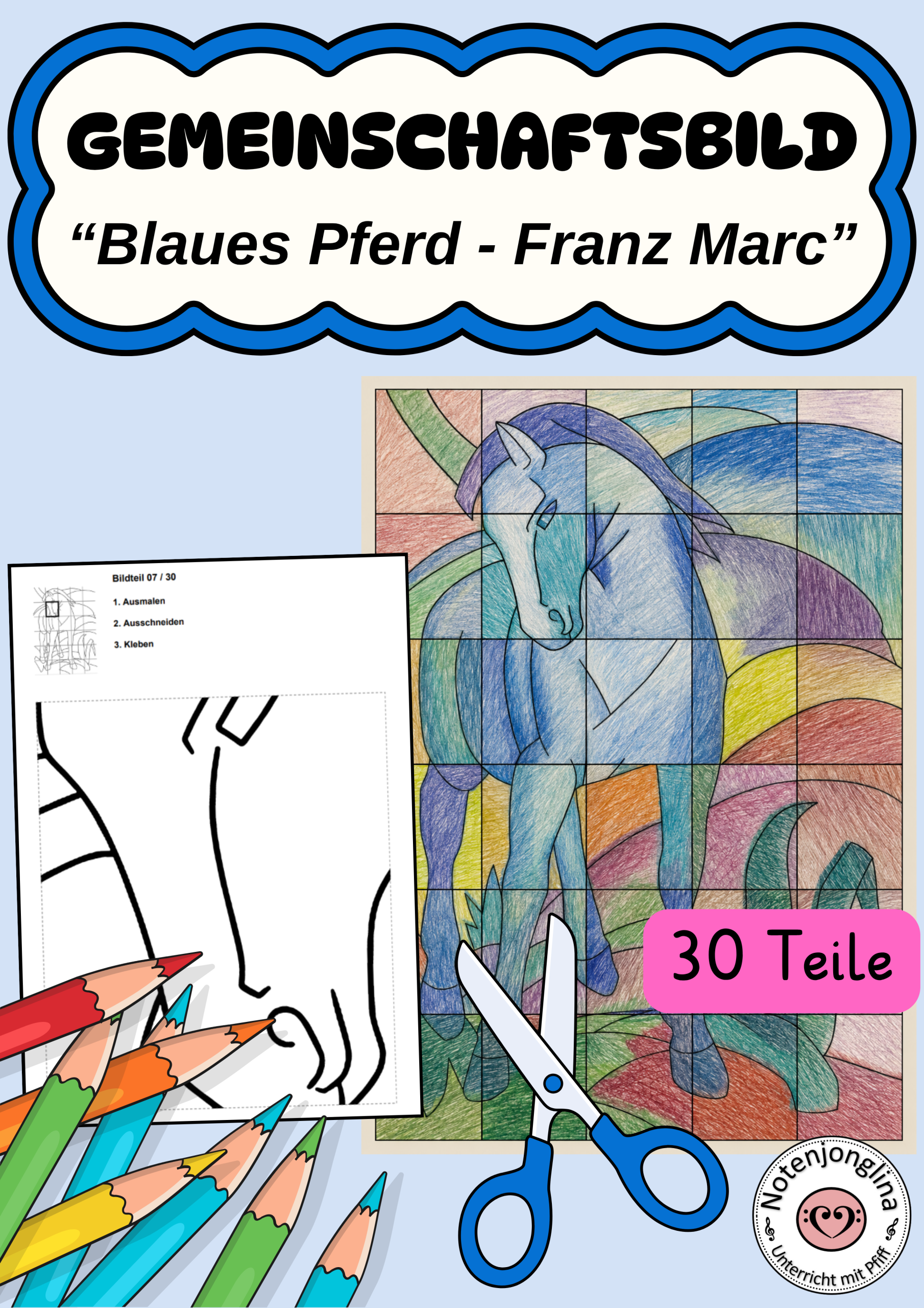 Gemeinschaftsbild Blaues Pferd Franz Marc Kooperatives Kunstprojekt