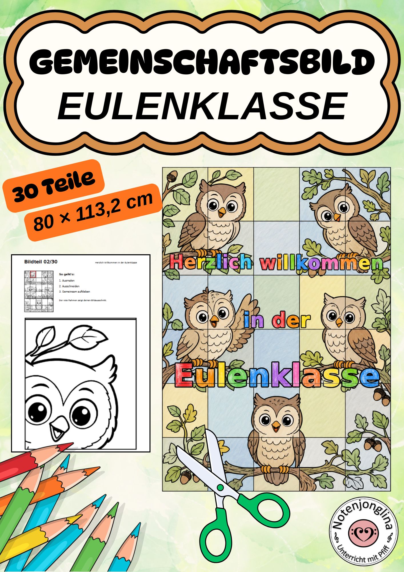 Eulenklasse Gemeinschaftsbild Klassendeko Basteln 30 Teile