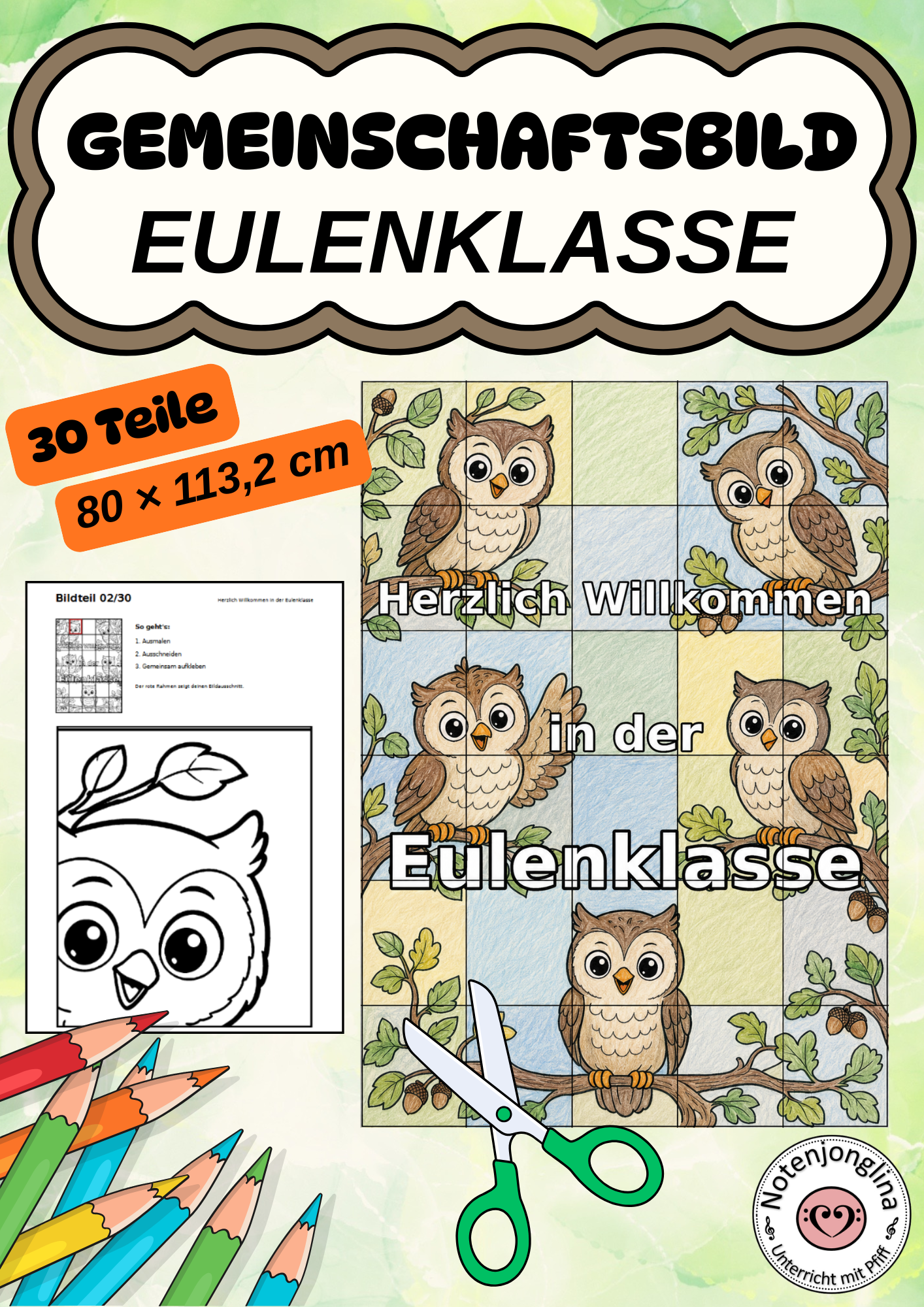 Eulenklasse Gemeinschaftsbild Klassendeko Basteln 30 Teile